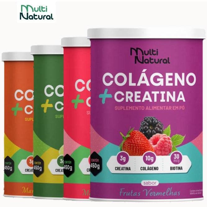 Kit 3x Colágeno hidrolisado Com Ácido Hialurônico + Creatina e Biotina Sabores 1.3Kg - Multi Natural