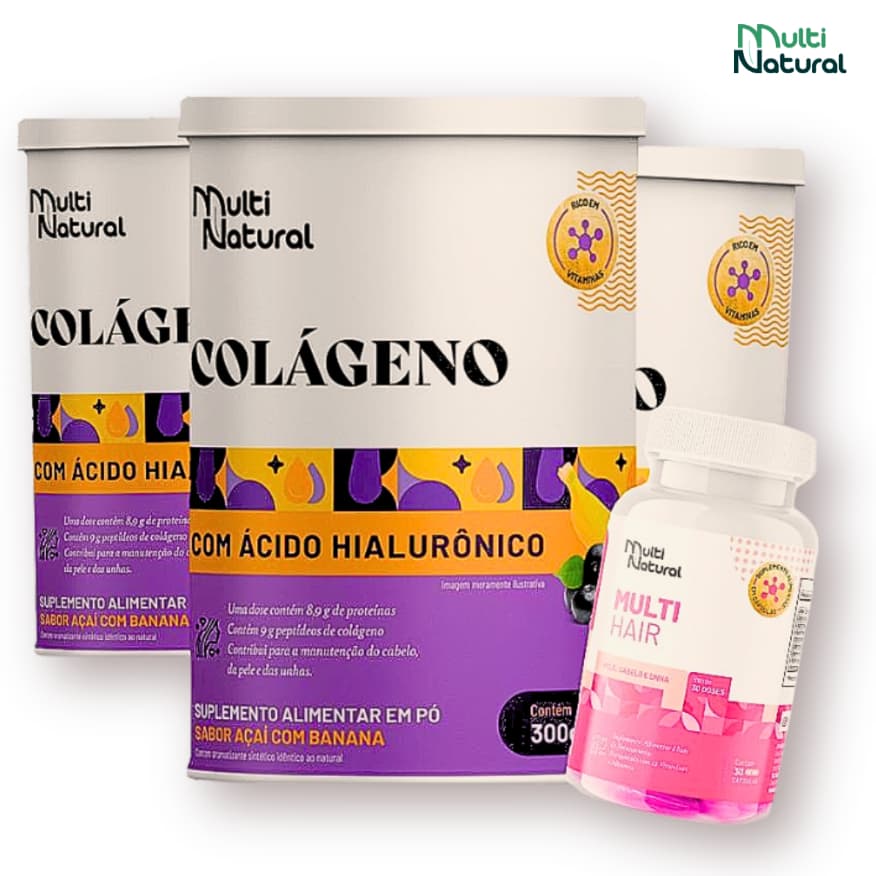 Colágeno Com Ácido Hialurônico Pele Cabelos e Unhas 3Und 900g Sabor Açaí Com Banana - Multi Natural