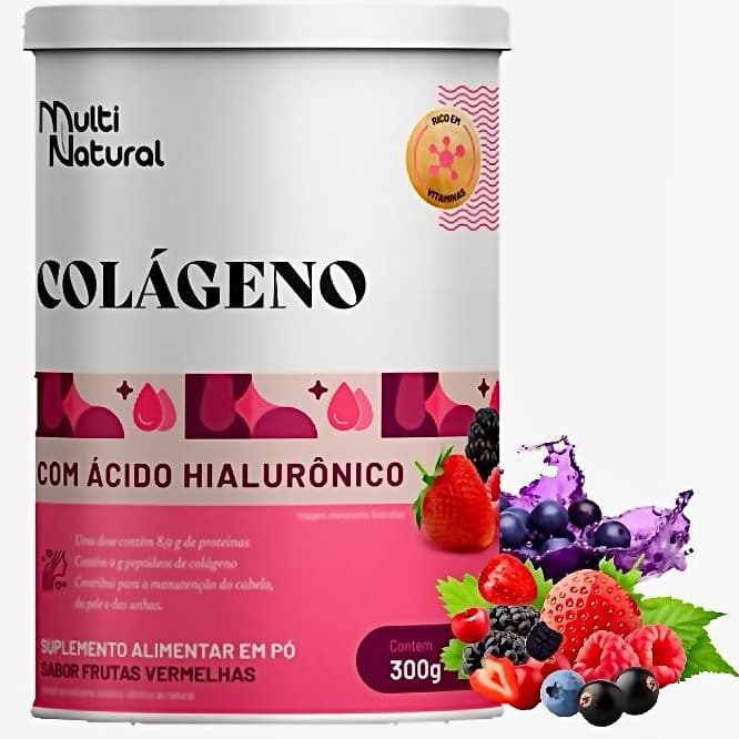 Colágeno Com Ácido Hialurônico Pele Cabelo e Unhas Pote 300g Frutas Vermelhas - Multi Natural