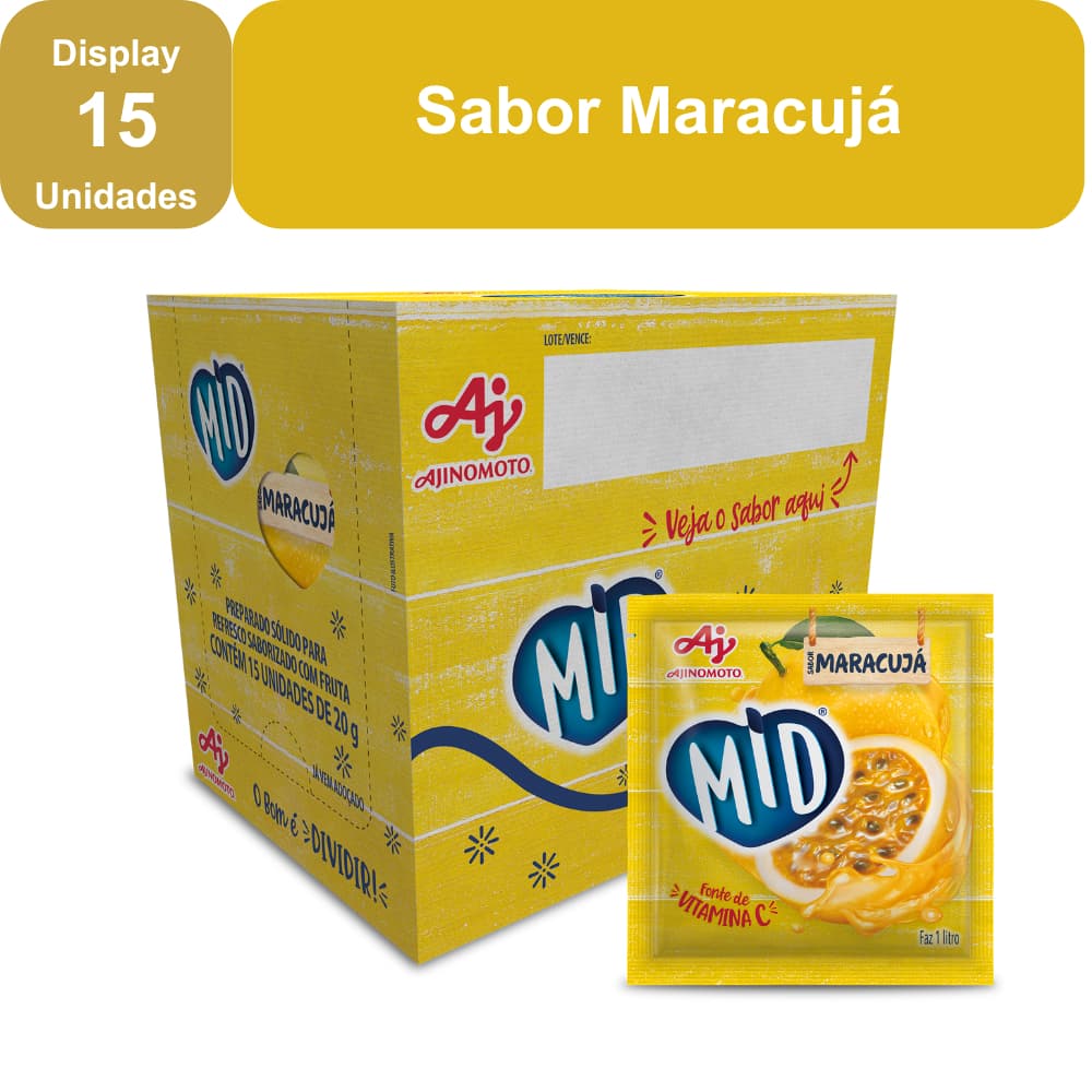 Kit Refresco em Pó MID® Sabor Maracujá Com 15 Unidades de 20g