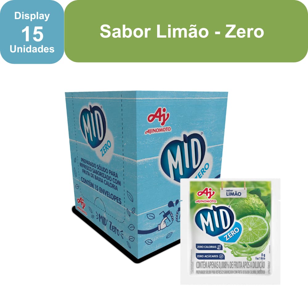 Kit Refresco em Pó MID ZERO® Sabor Limão Com 15 Unidades de 8g