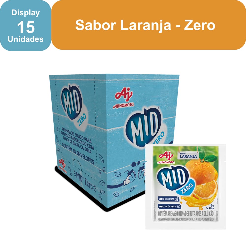 Kit Refresco em Pó MID ZERO® Sabor Laranja Com 15 Unidades de 10g