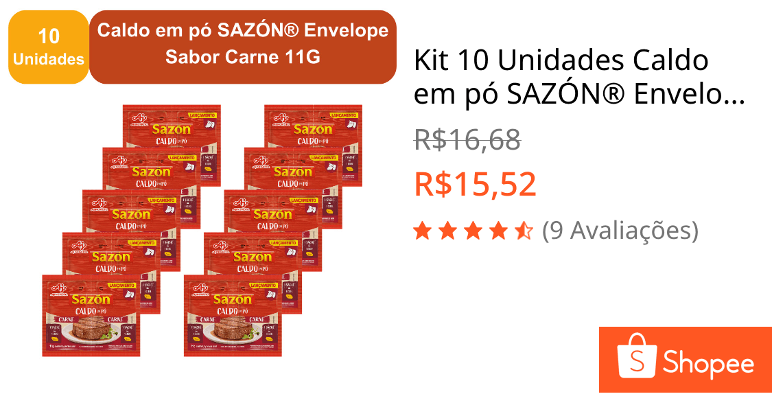 Kit 10 Unidades Caldo em pó SAZÓN® Envelope Sabor Carne 11G