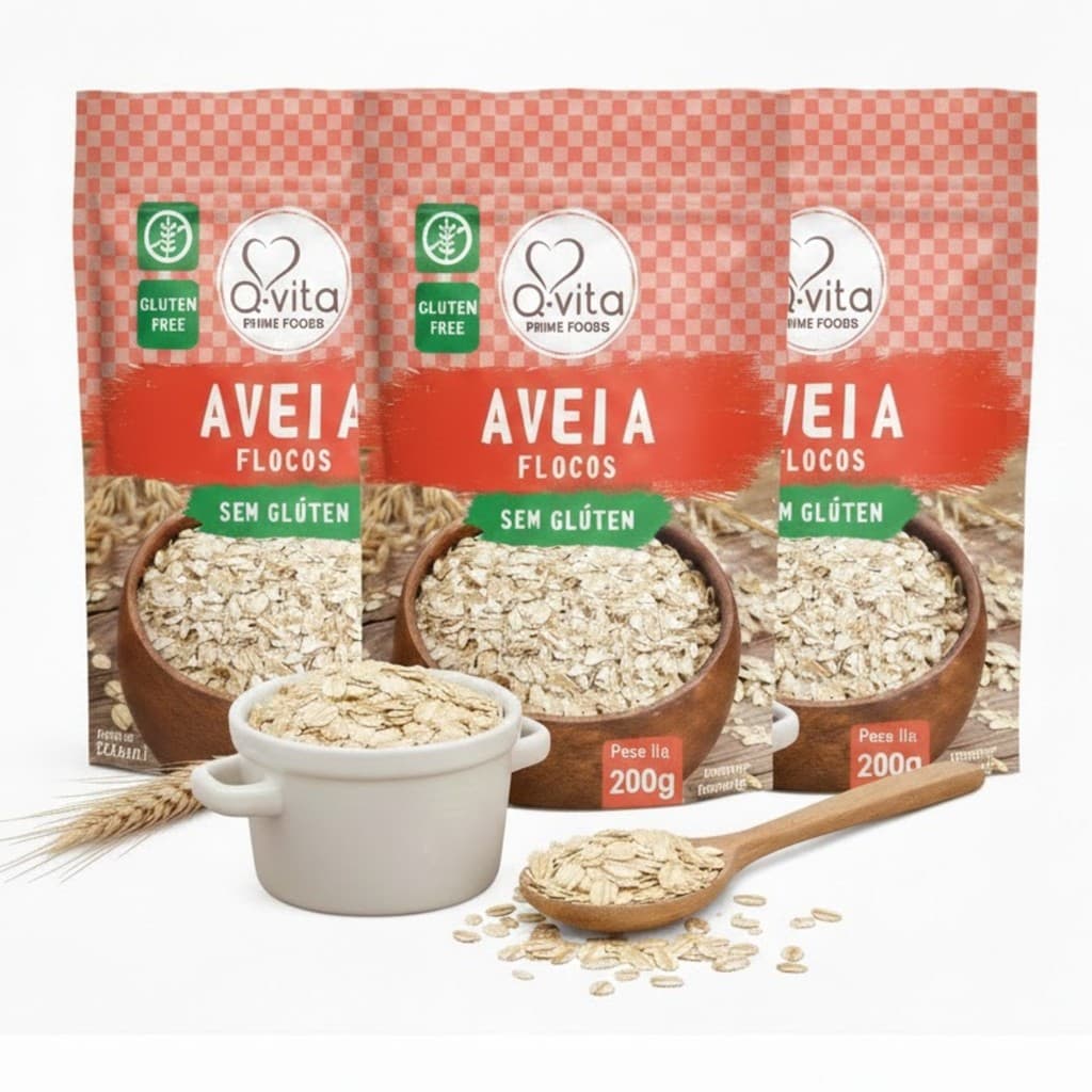 Kit 3 Aveia em Flocos Sem Glúten Q-VITA 200g - Rica em Fibras
